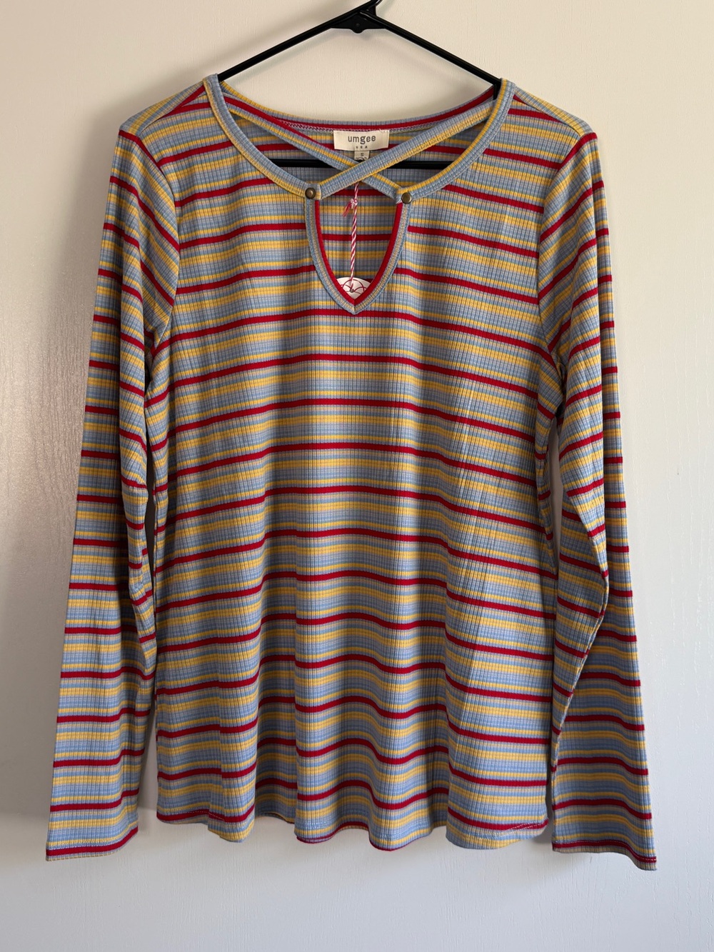 Umgee Multicolor Striped Long Sleeve Keyhole Lattice Top Tee Retro Y2K Small